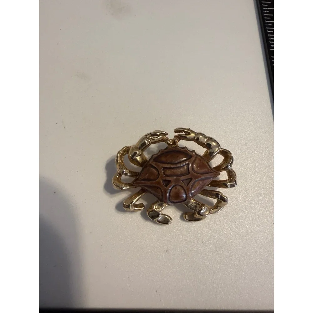 Vintage‎ Gold Tone Brown Enamel Crab Brooch Pin Nautical Coastal Jewelry